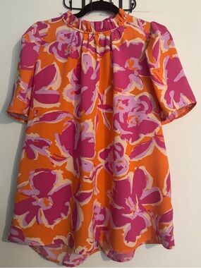 Haptics Womens Sz S Short Sleeve High Ruffle Neckline Orange Pink Keyhole Blouse